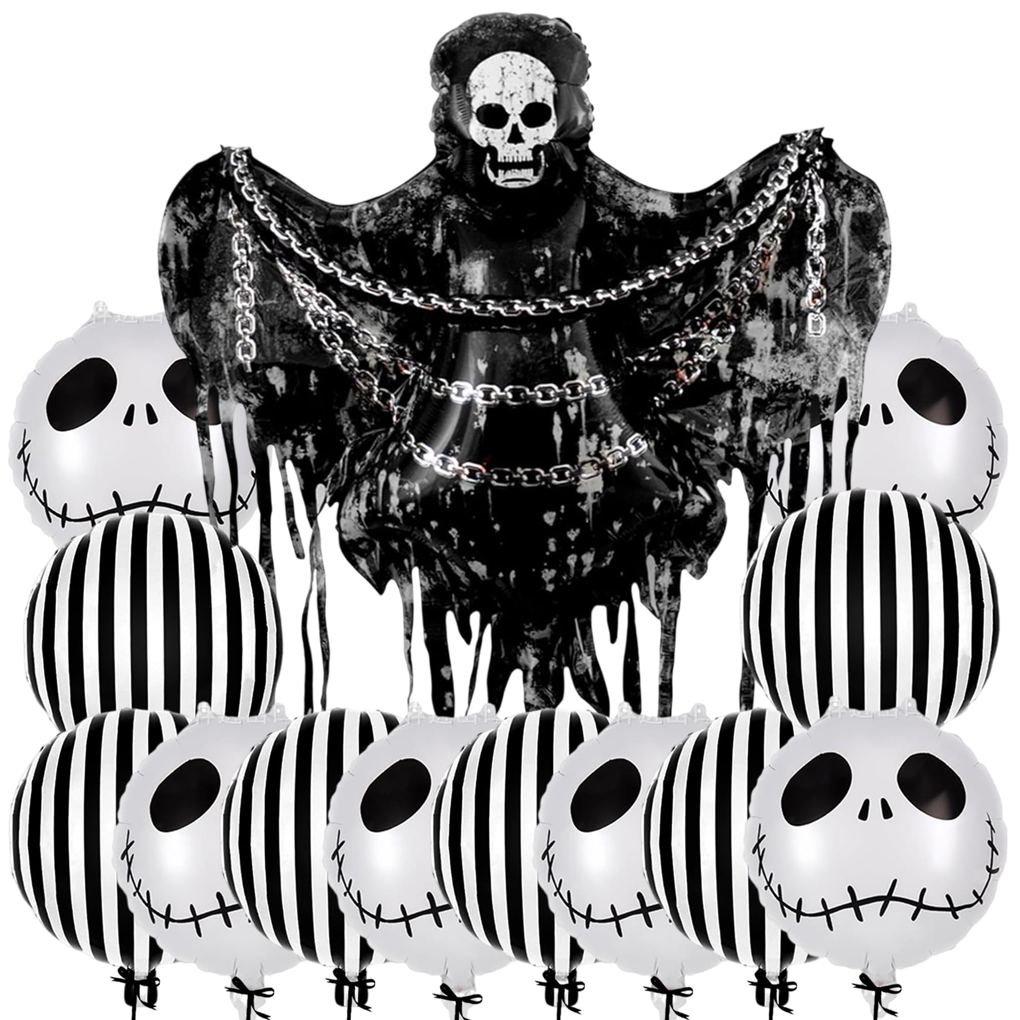 Photo 1 of 13 Pieces, Black and White Hallooween Balloons - Giant, 59 Inch Hanging Grim Reaper Balloon with Chain | Spooky Halloween Party Decorations, Black White Striped Balloon, Spooky Birthday Decorations