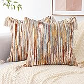 decorUhome Boho Decorative Throw Pillow Covers 18x18 Set of 2, Striped Chenille Tufted Pillow Covers with Tassels for Couch Bed Sofa, Rust