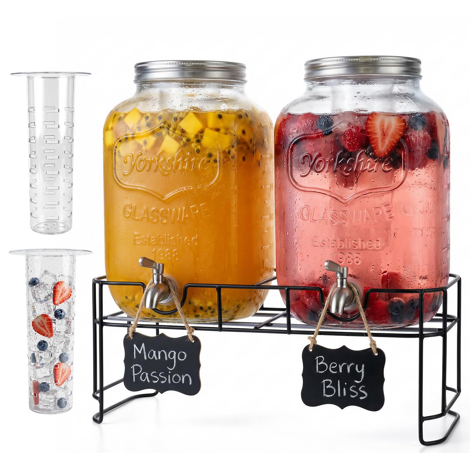 DD&HAPP 2 Gallon Glass Drinks For Parties With Stand.Stainless Steel Spigots & Metal Stand,Large Capacity Beverage Dispenser for Party,Infused Water,Iced Tea,Lemonade,Outdoor,Commercial Use. Image