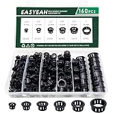 6 Sizes Cable Snap-in Knockout Insulating Bushing Grommets Assortment Kit | 5/16, 3/8, 1/2, 5/8, 3/4, 1 Black Nylon Plastic Hole Grommets for Wiring, Wire Cord Hose Tubing Protector, 160 Pcs