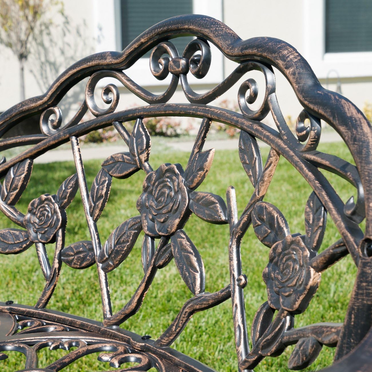 BELLEZE Antique Designed Rose Style Outdoor Patio Park Garden Bench Bronze Love Seat Cast Iron Backyard Porch Home Pool : Garden & Outdoor