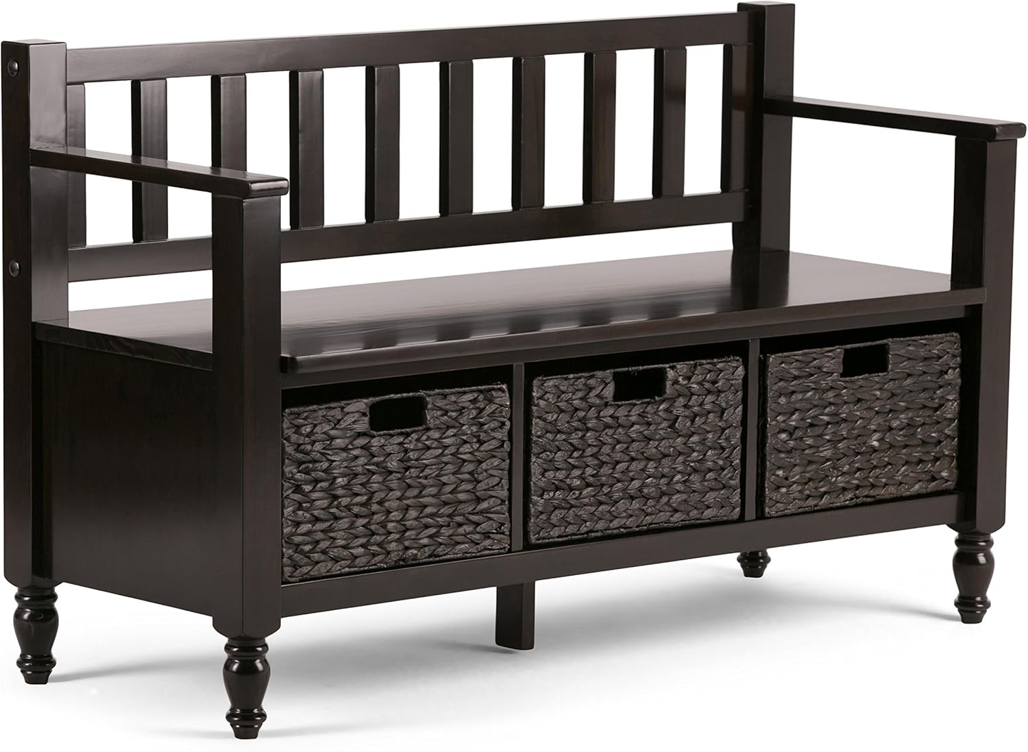 Simpli Home Dakota SOLID WOOD 48 inch Wide Entryway Bench with Three Baskets for Functional Storage, Multifunctional, Transitional, in Dark Exeter Brown