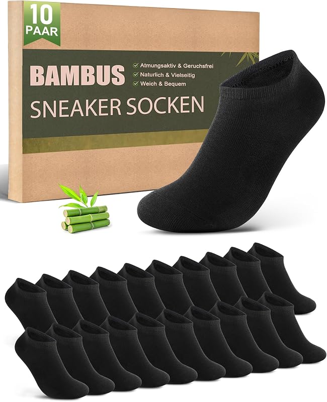 Bambus Sneaker Socken Herren Damen 10 Paar – Atmungsaktive Anti-Geruch Kurze Socken, Antibakterielle Sommer Sneakersocken Sportsocken Halbsocken Bambussocken, Schwarz 43-46