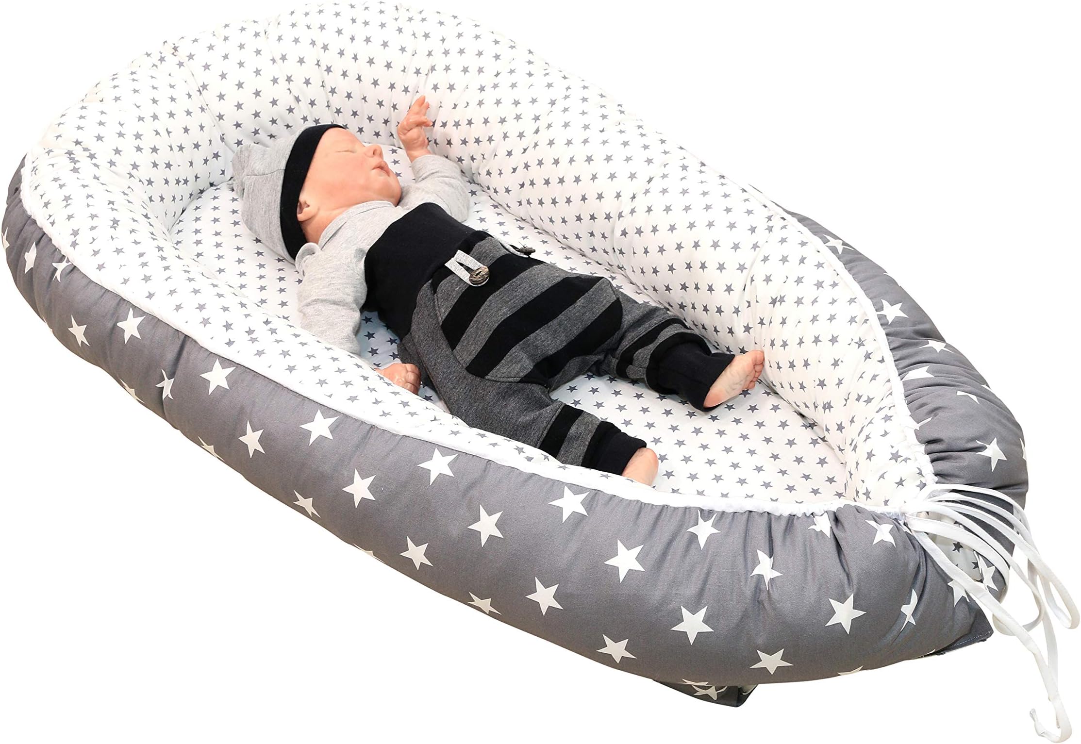 ULLENBOOM ® Baby nest – Grey Stars (55x95 cm Baby Cocoon, Cotton Sleeping nest, Suitable for a Travel Bed or a Snuggly Sleep pod)