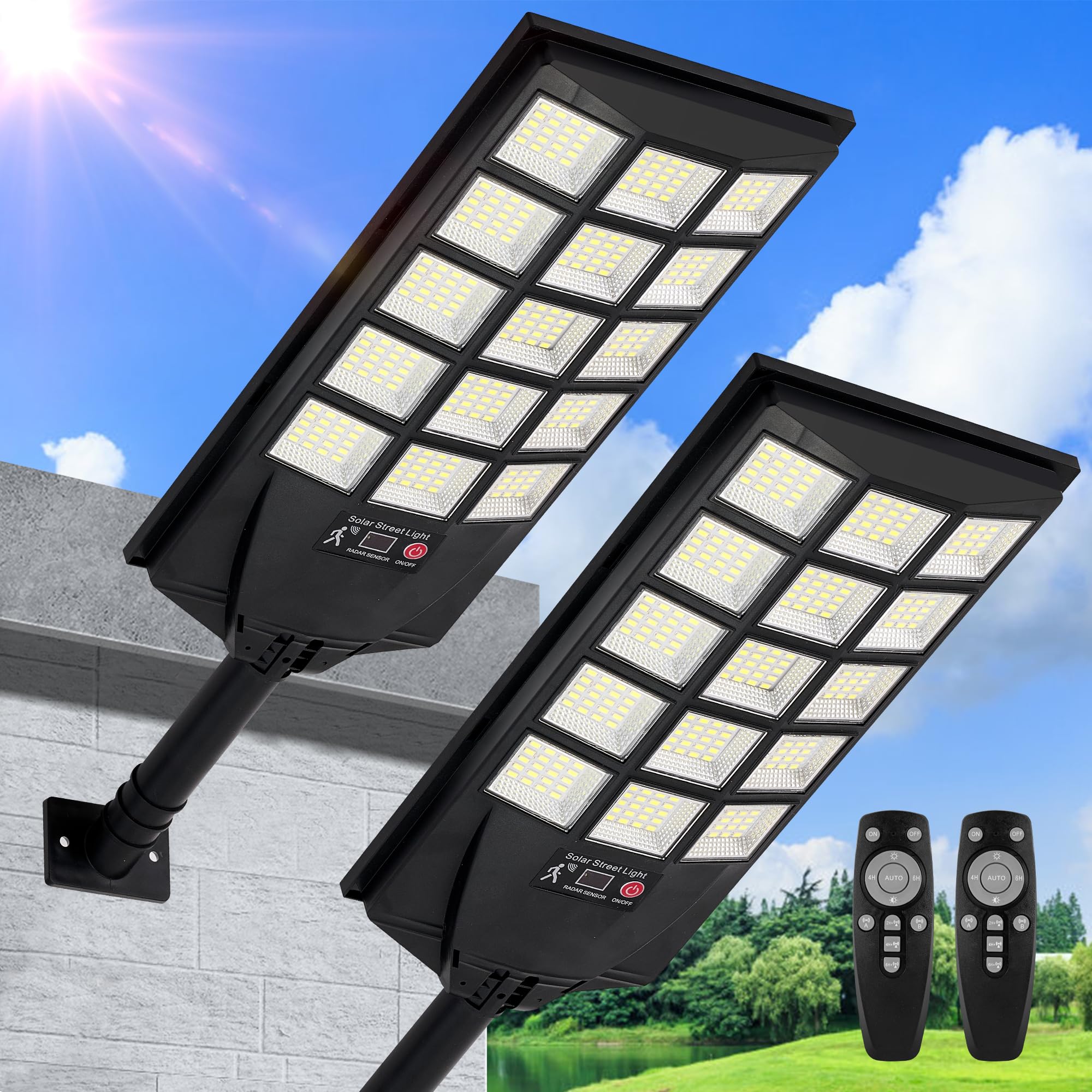 Photo 1 of Aqraou Solar Lights Outdoor Waterproof, 6500K Dusk to Dawn Solar Street Light Motion Sensor with Remote Control, LED Security Light for Outside Garden Yard Parking Lot, Oudoor Flood Lights, 2PACK
