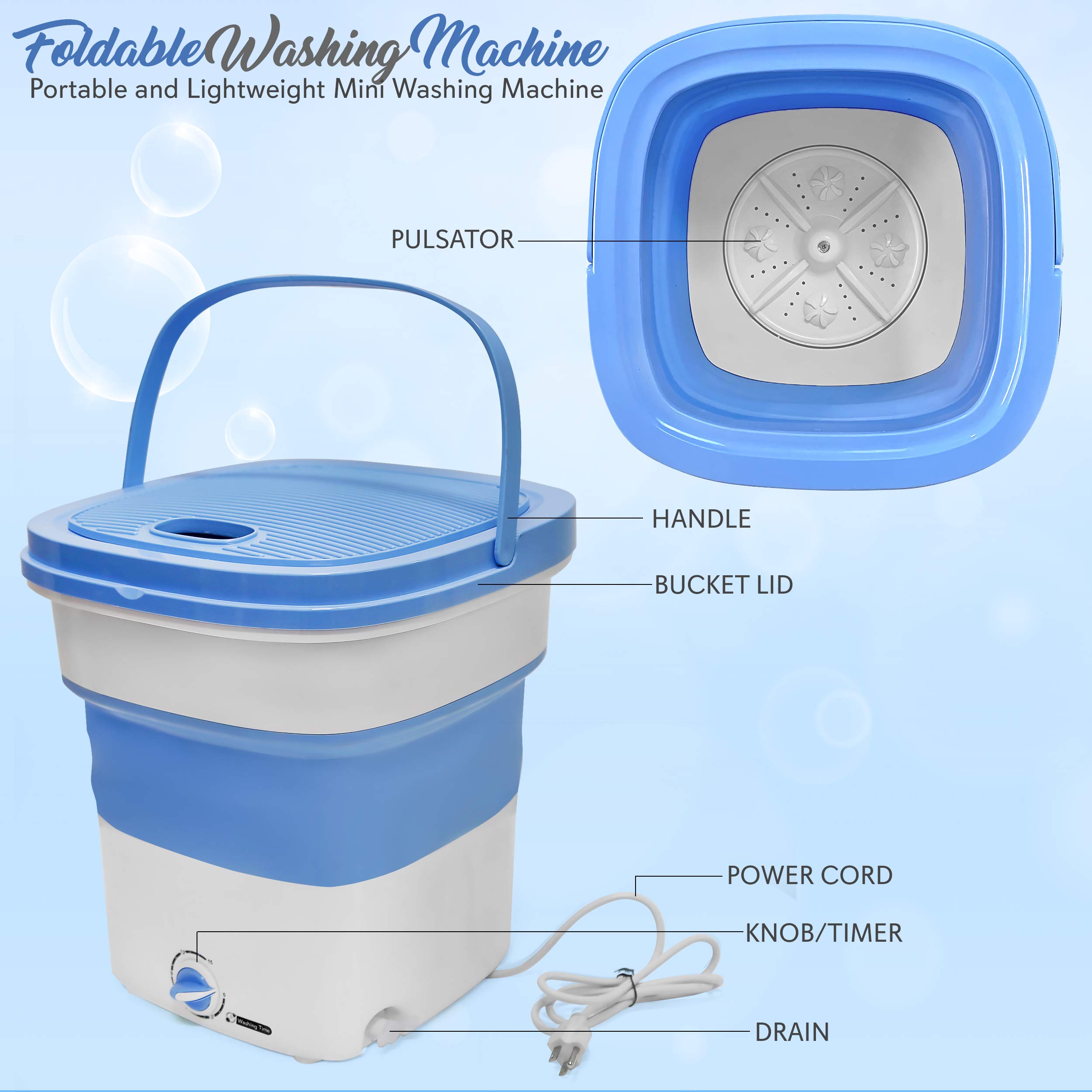 Portable Washing Machine Mini Washer Lightweight Collapsible Bucket - Perfect for Camping, Travelling, Apartment