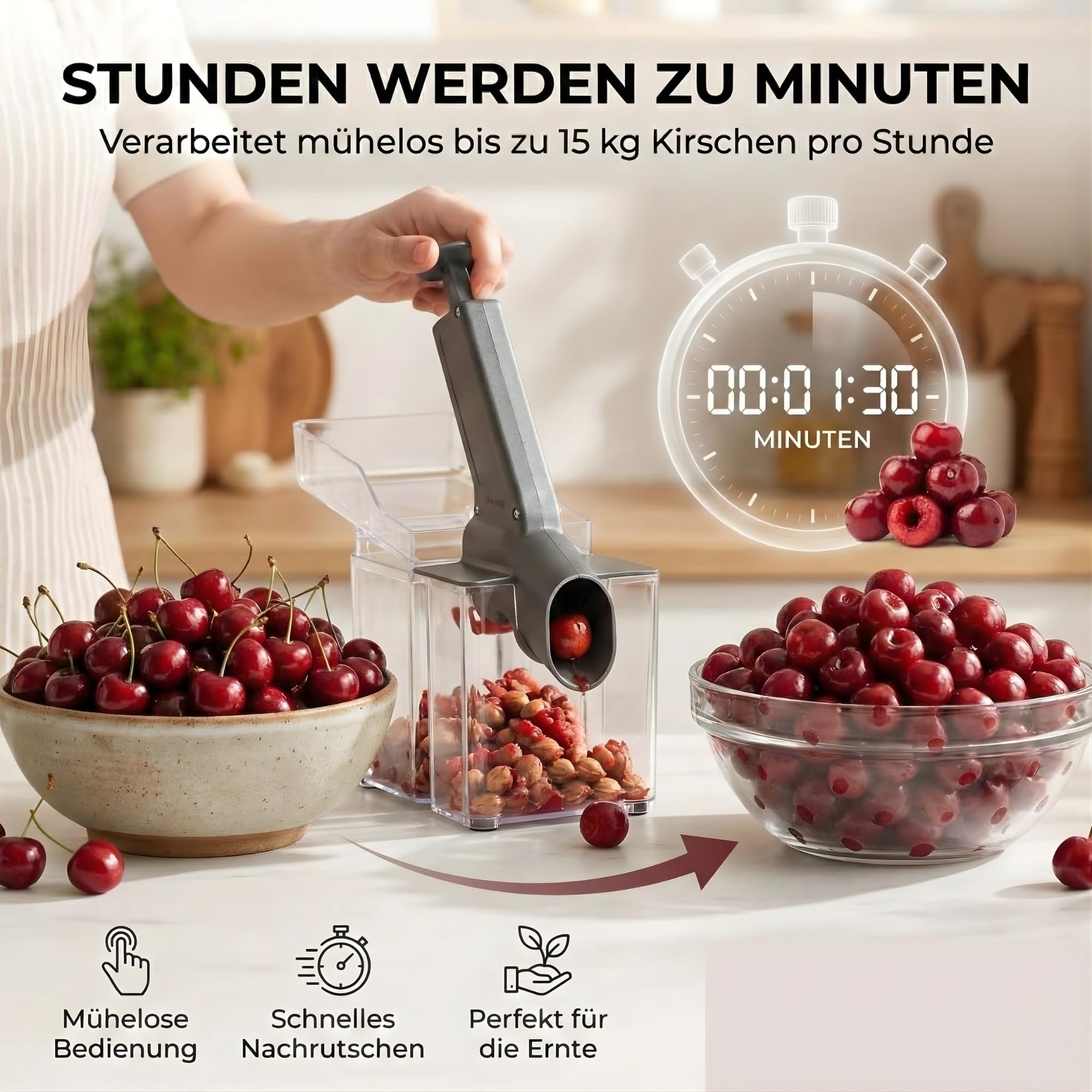 Thiru Premium Kirschentkerner (inkl. Verschleißteil) - hohe Entkernleistung - 100 Tage testen - frische, konservierte, tiefgekühlte Kirschen - mit Spritzschutz - inkl. 25 Rezepte - Made in Germany 4