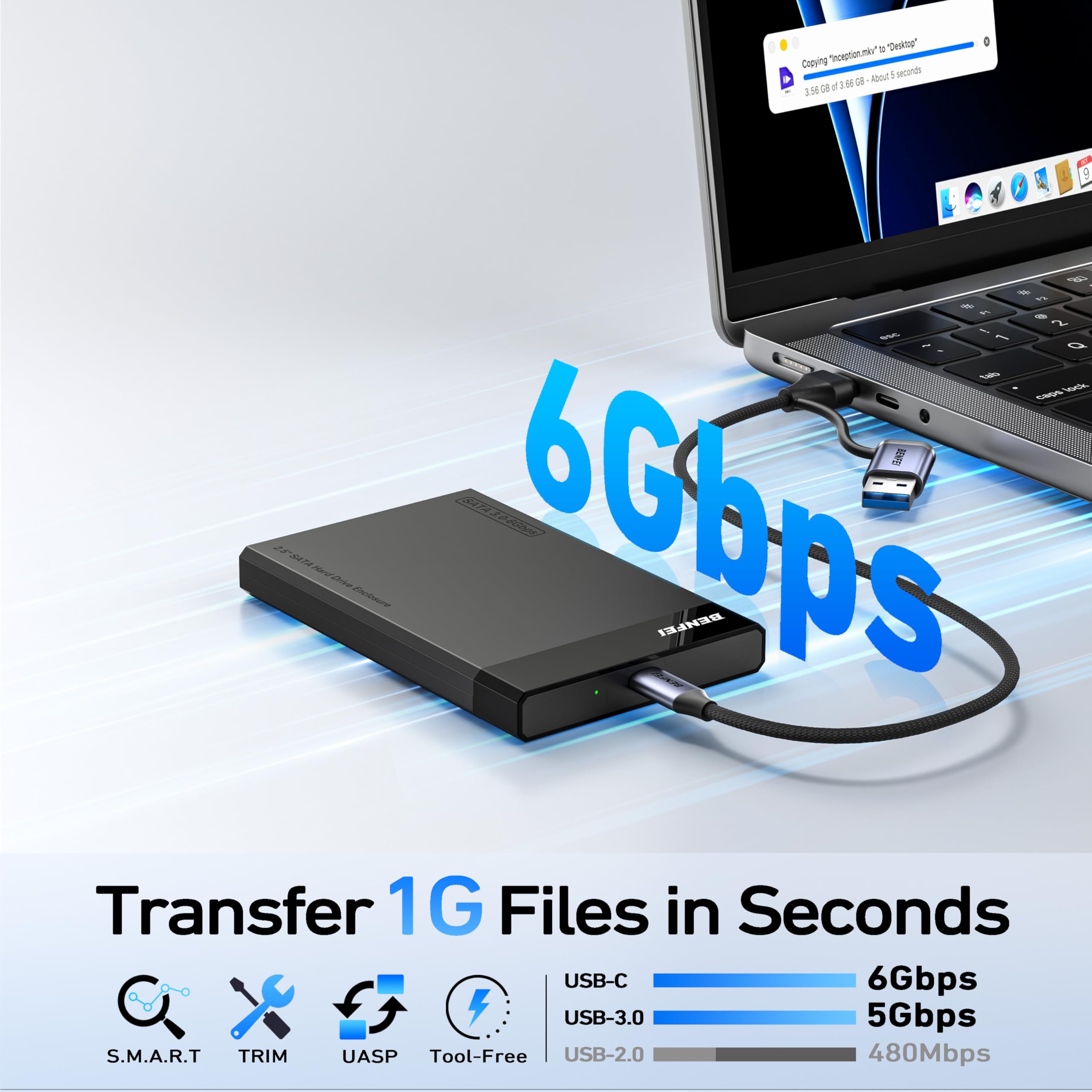 BENFEI Festplattengehäuse 2,5 Zoll, SATA III auf USB bis zu 6 Gbps Werkzeugfrei Externes Gehäuse für SSD und HDD ( Optimiert für SSD, unterstützt UASP SATA III) 2