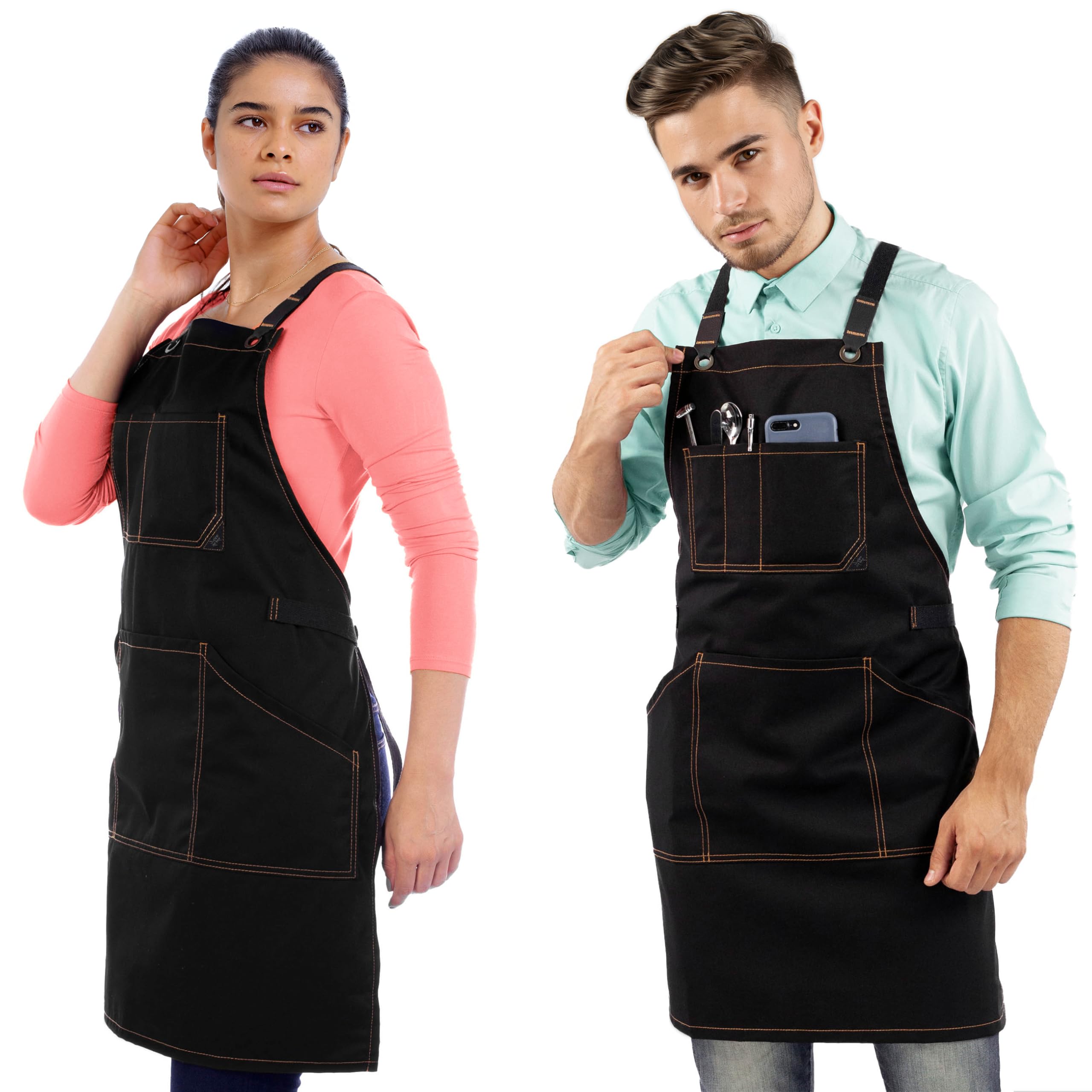 Under NY Sky Essential Deep Black Apron – Cross-Back with Durable Twill and Leather Reinforcement – Adjustable for Men and Women – Pro Chef, Tattoo Artist, Baker, Barista, Bartender, Server Aprons