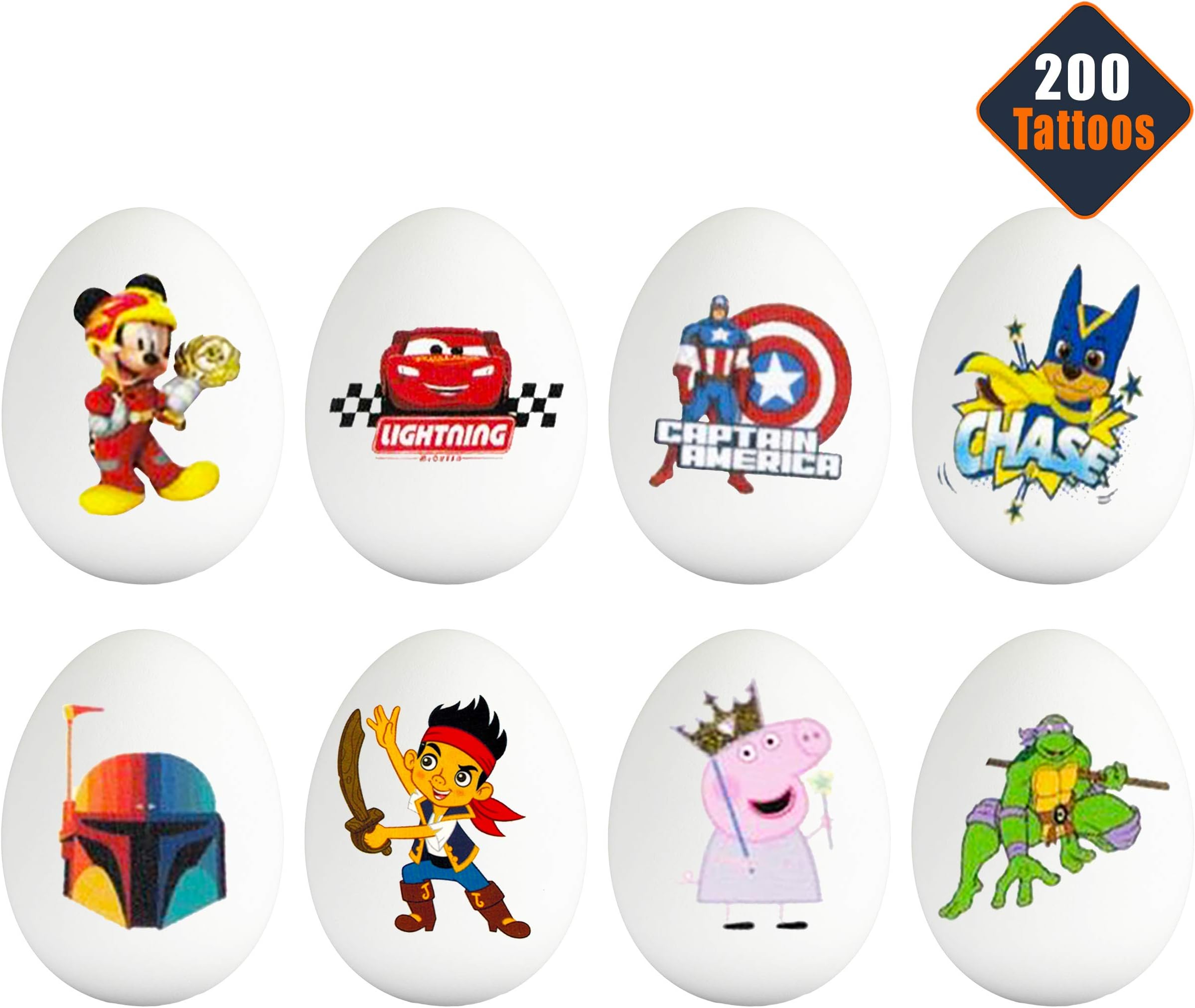 Easter Egg Decorating Tattoos for Boys Girls Kids Bulk Assortment ~ Bundle Includes 200 Egg Tattoos Featuring Mickey Mouse, Paw Patrol, Avengers, Peppa Pig, and More (Easter Egg Decorating Kit)