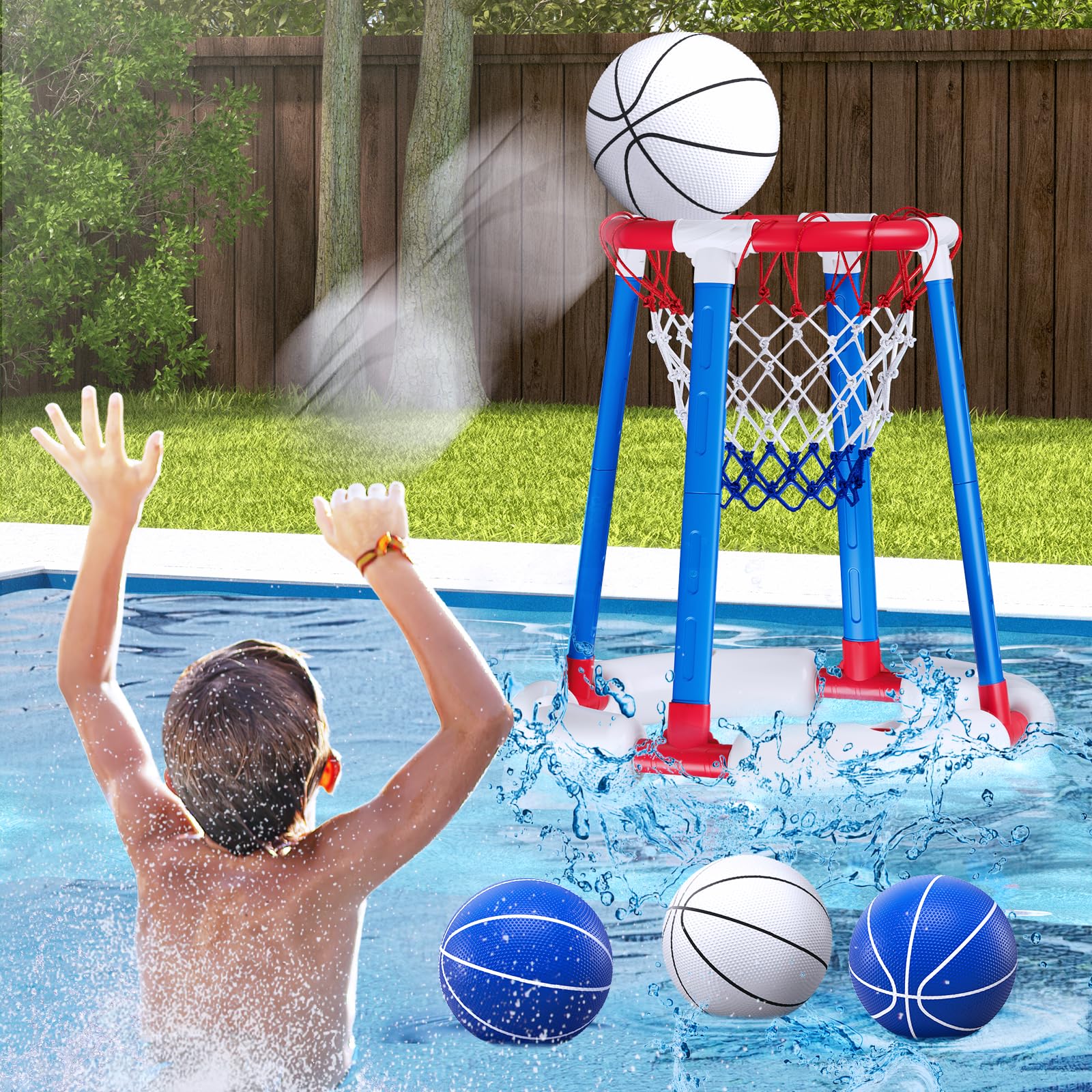 Photo 1 of HYES Pool Basketball Hoop Poolside, Floating Pool Toys with 4 Basketballs/4 Water Balloons/Pump, Swimming Pool Games for Kids & Adults Indoor Outdoor Play, Red