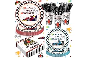 QIYANPAX Race Car Birthday Party Supplies Tableware Racing Car Party Decorations Include Plates, Napkins, Cups, Cutlery for Race Car Theme Birthday Decorations, Serve 24