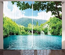 Ambesonne Rustic Curtains, Lake in Deep Forest Fed