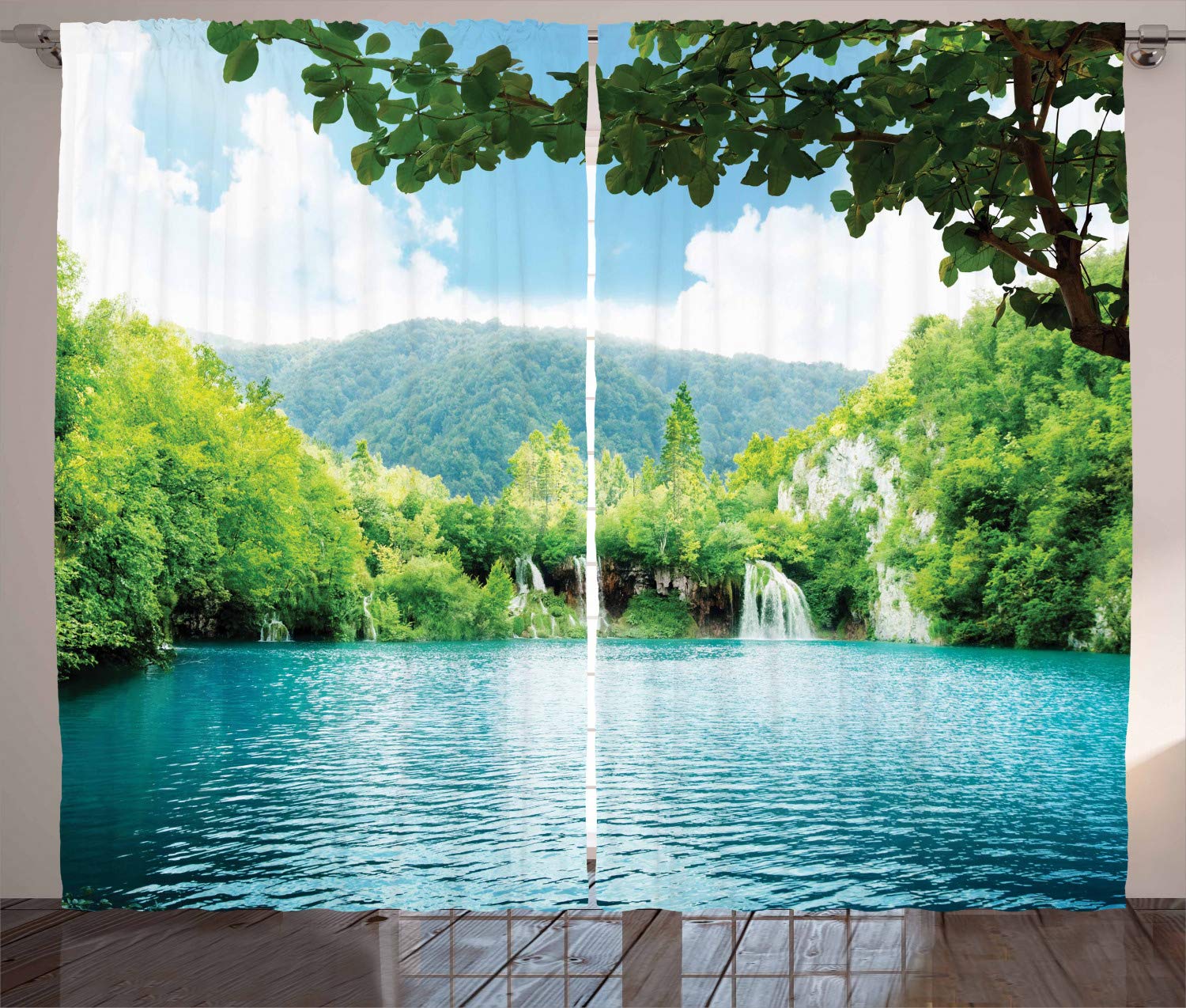 Ambesonne Rustic Curtains, Lake in Deep Forest Fed