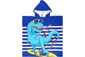Yolyoo Kids Beach Towel Hooded Beach Bath Towel Soft Microfiber Swim Pool Cover-up Cape 47 x 24 Inch Shark, Astronaut PinkMermaid Theme for Boys and Grils (Blue Dinosaur, 29.5 x 29.5 inch)