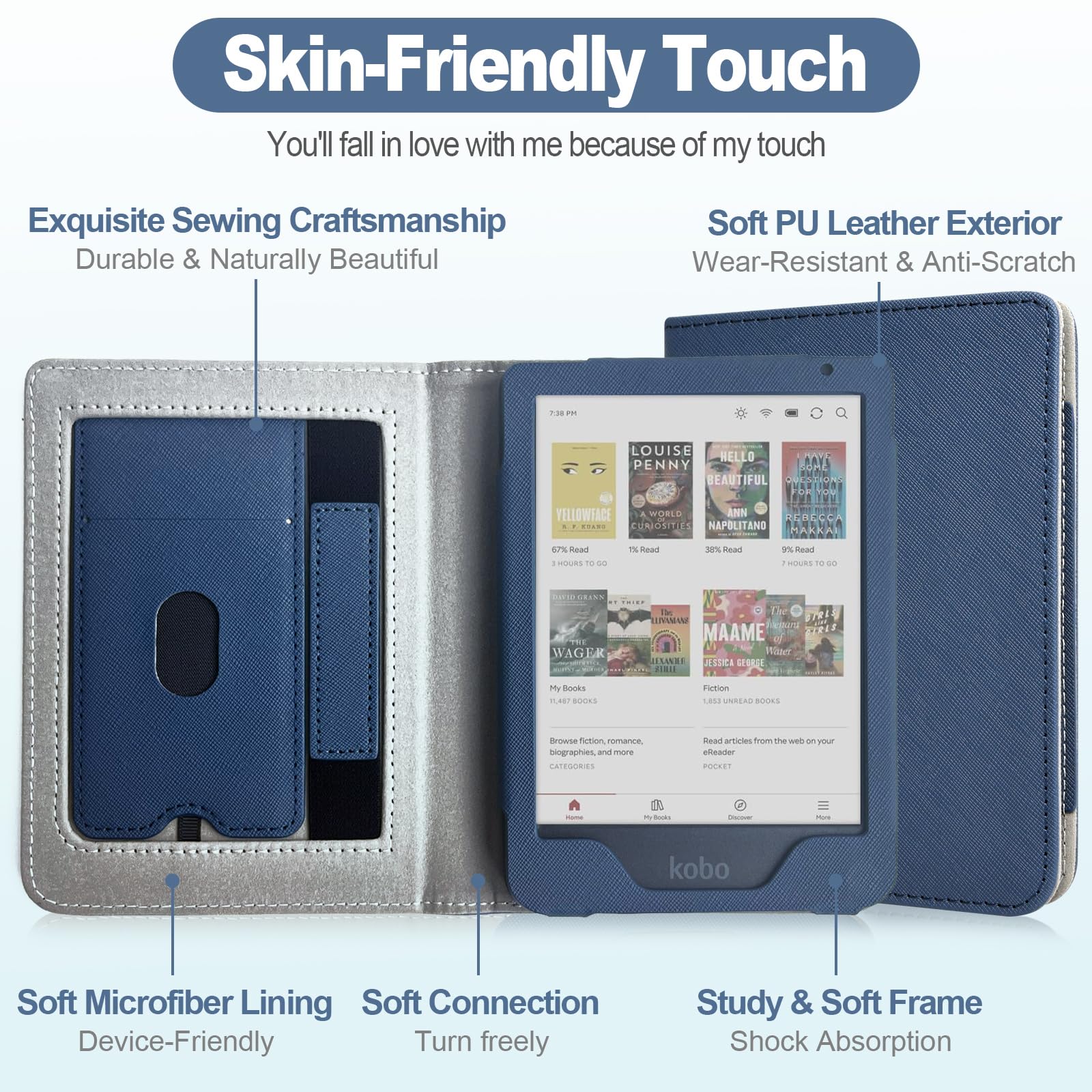Caweet Case for Kobo Clara Colour/BW 6 Inch 2024 Release, Premium PU Leather Foldable Stand Protective Sleeve Cover with Card Slot and Hand Strap, Blue