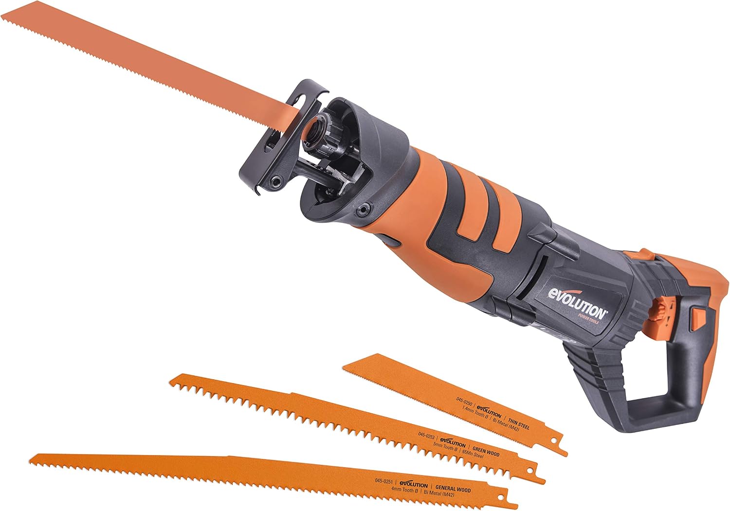 Evolution Power Tools R230RCP Reciprocating Saw with 4 Multi-Purpose Bi-Metal Blades, 230 V, Orange, Corded