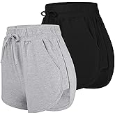 URATOT 2 Pack Cotton Yoga Short Women Summer Running Gym Sports Waistband Shorts with Pockets