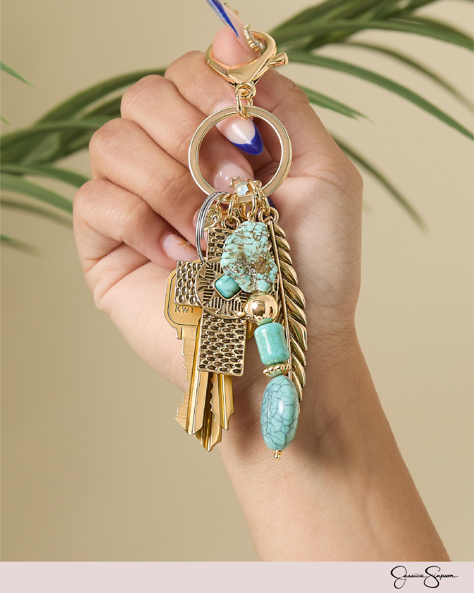 Jessica Simpson Turquoise Cross Keychain with Feather and Western Charms, Cross Bag Charm, Western Key Chain