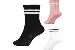 CMONIE Pilates Socks with Grips for Women,3 Pairs Cotton Non Slip Yoga Crew Socks for Barre, Ballet, Dance, Workouts