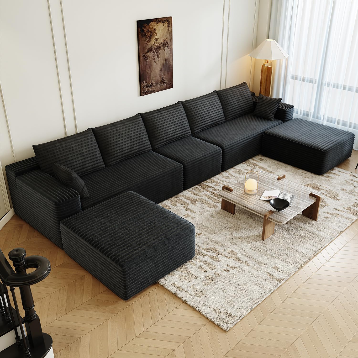Photo 1 of **MISSING PARTS**168.5" Modular Sectional Sofa, Oversized U-Shaped Minimalist Couches with 1 Middle Seat and 2 Ottomans Chaise, Modern Deep Seat Convertible Sleeper Sofa, Cloud Plush Corduroy Fabric,7 Seater, Black
