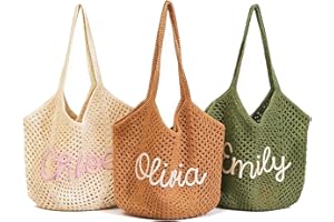 Personalized Crochet Tote Bag for Women, Custom Name Beach Bag, Lightweight Summer Shoulder Bag, Foldable Knitted Travel Tote