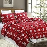 Vaulia Soft Christmas Duvet Cover King Size, Red Snowflake Pattern Bedding Set for Christmas Holidays, Red and White Color, 3-Piece Set (1 Duvet Cover and 2 Pillow Shams)
