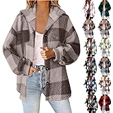 Women's Plaid Hooded Jacket Long Sleeve Casual Fashion Cardigan Jacket Coats Fall Winter Outwear Outfits Clothes