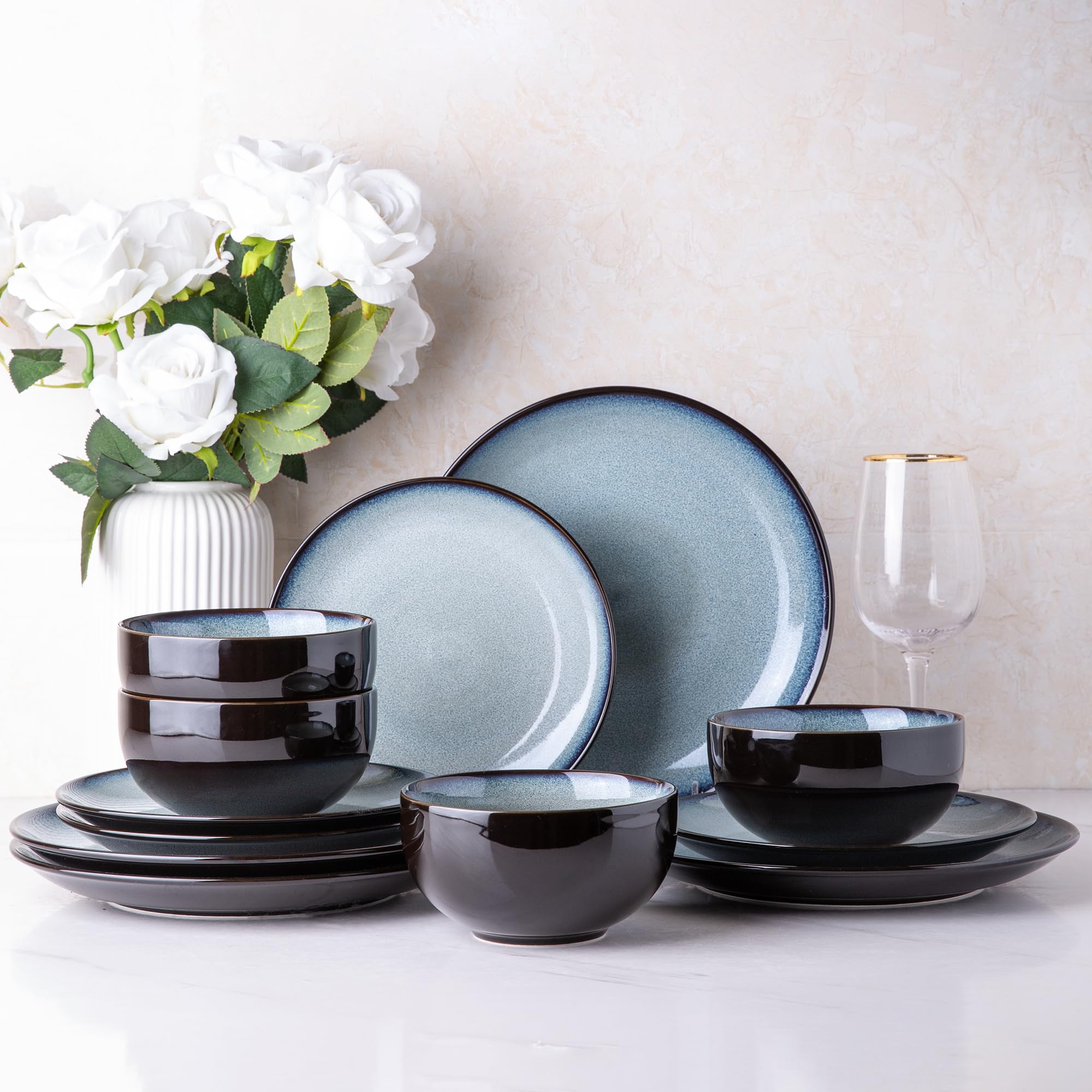Photo 1 of LERATIO Ceramic Dinnerware Sets for 4,Stoneware Coupe Plates and Bowls Sets,Highly Chip and Crack Resistant | Dishwasher & Microwave & Oven Safe Dishes set,Reactive Glaze Dinnerware- Service for 4