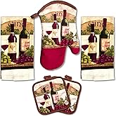 Lobyn Value Packs - Wine Lover's 5-Piece Kitchen Towel Set | Kitchen Towel Set with 2 Decorative Dish Towels (25 X15), 1 Oven Mitt (11 X 7) and 2 Potholders (6.5 X 6.5)