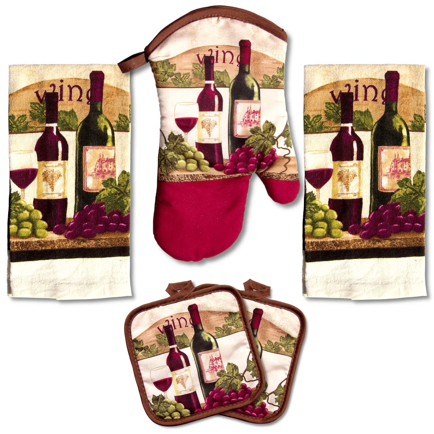 American Mills Wine Bottle Decor 5 Piece Printed Kitchen Linen Set Including Towels Pot Holders Oven Mitt
