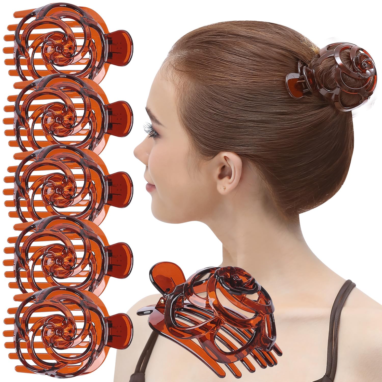 RC ROCHE 6 Pcs Hair Bun Maker Clip for Women Updo Holder Ballet French Claws Bird Nest Pieces Tools Accessories Plastic Shell Round Dome, Medium Brown