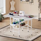 PAKASEPT Height Adjustable Sewing Cutting Table with Charging Station, Folding Craft Table with Storage,Movable Shelves for Large Fabric, Mobile Sewing Desk for Home Office Sewing/Craft Room,White