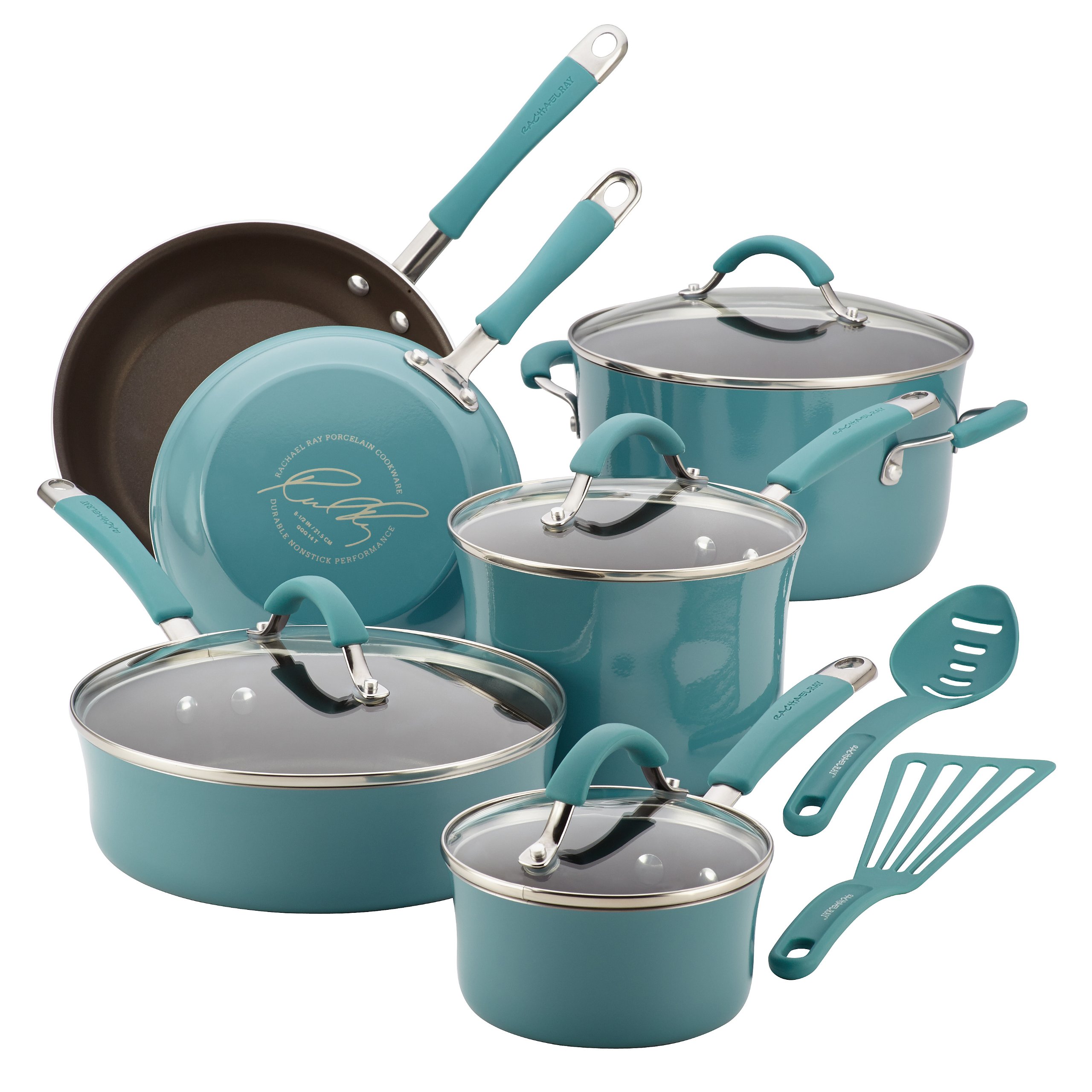 Rachel Ray Cookware Set Nonstick Blue Pots Pans Lids Teal Non Stick