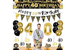 YEOHJOY 27pcs 40th Birthday Decorations for Men, Black Gold 40th Party Decorations, Happy 40th Birthday Banner Honeycomb Table Hanging Swirls Cake Topper and Balloons,40 years old birthday decorations