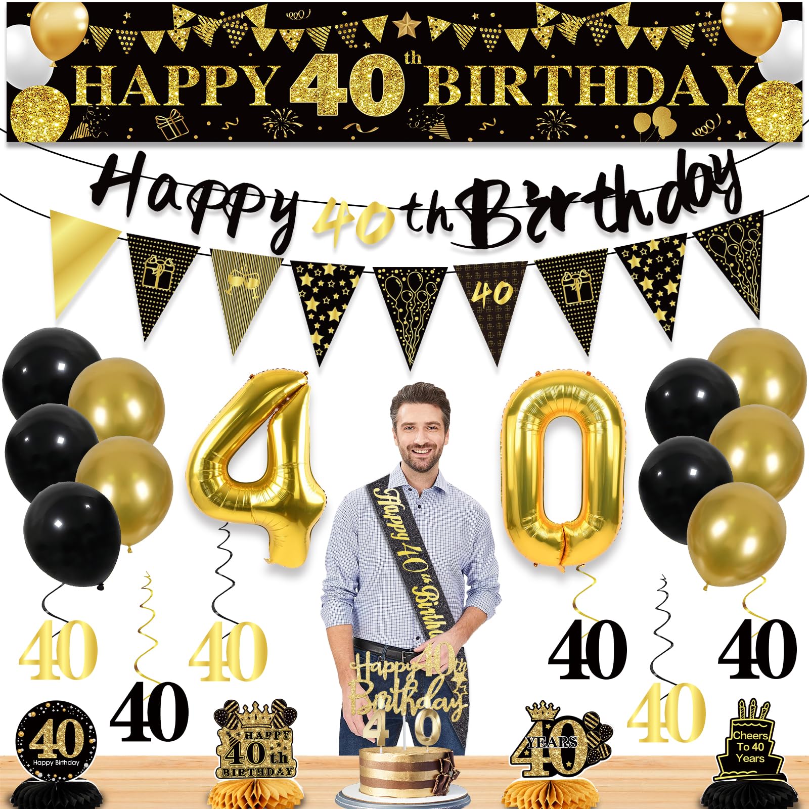 Photo 1 of 27pcs 40th Birthday Decorations for Men, Black Gold 40th Party Decorations, Happy 40th Birthday Banner Honeycomb Table Hanging Swirls Cake Topper and Balloons,40 years old birthday decorations