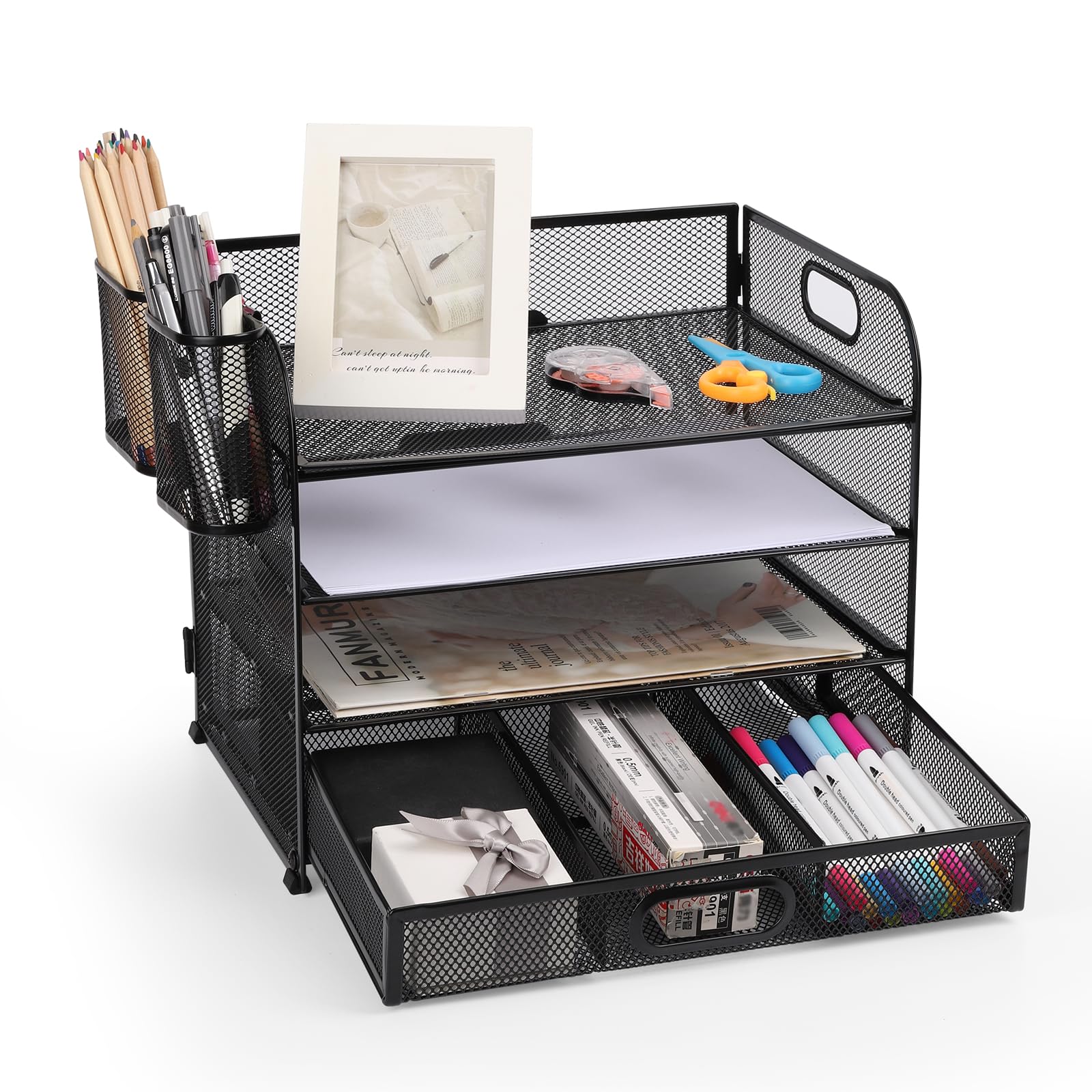 Mesh Letter Tray Organiser, Office Desk Tidy Organiser File Document Holder A4 Paper Filing Trays for Home Office School (Mesh Metal-4 Tier+Drawer+Pen Holder)