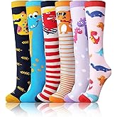 Fourluoo 6 Pairs Kids Girls Knee High Socks Cotton Crew Athletic Cute Animal Pattern Crazy Long Tube Socks