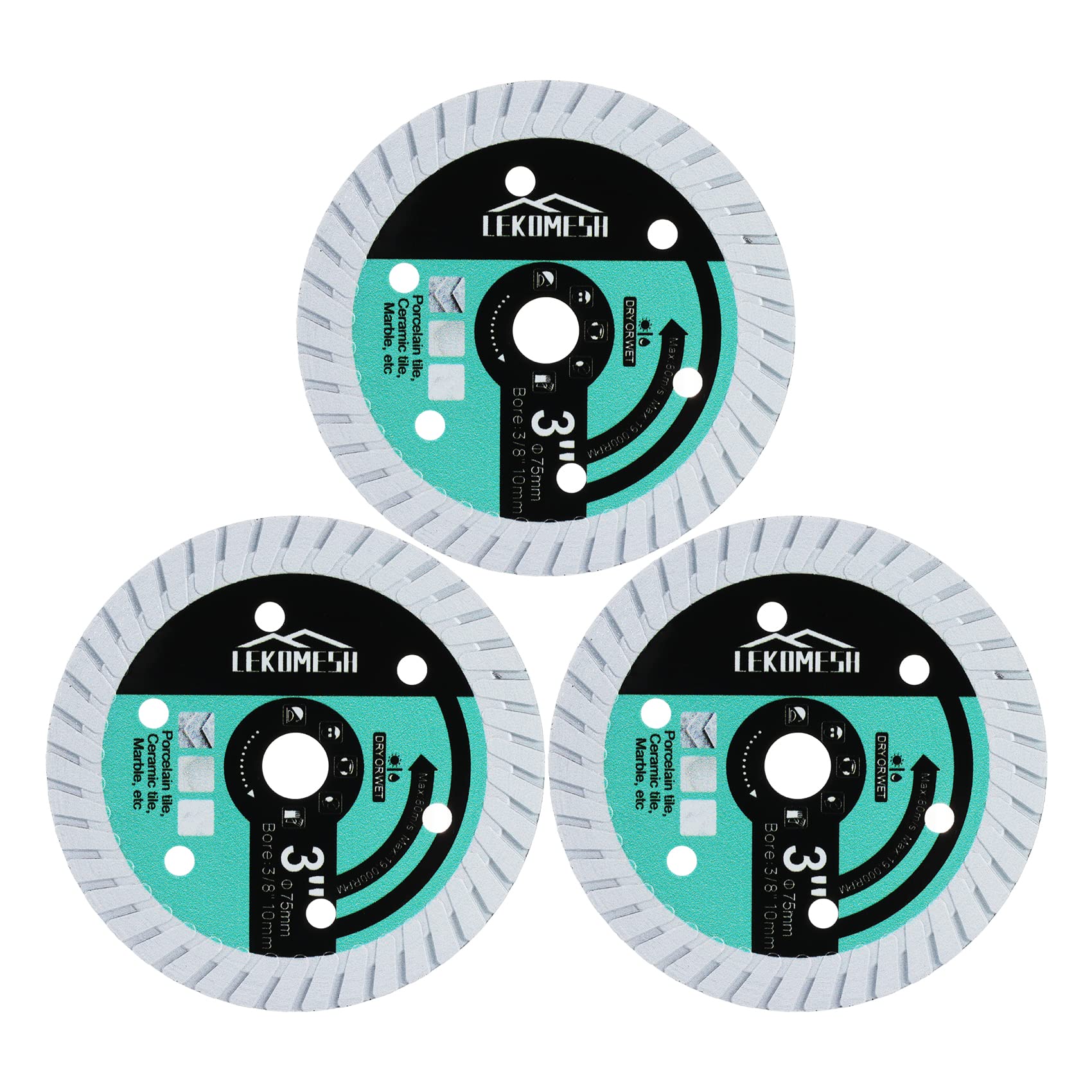 75mm/3" Diamond Disc- 3pcs Cutting Disc with 3/8" (10 mm) Arbor for Ceramic Tile,Porcelain Tile,Marble, LEKOMESH