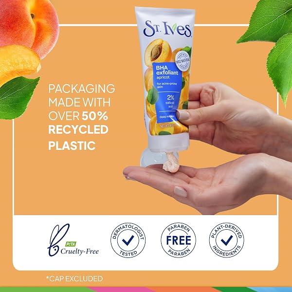 ST. IVES ACNE CONTROL FACE SCRUB DEEPLY EXFOLIATES AND PREVENTS ACNE FOR SMOOTH, GLOWING SKIN APRICOT MADE WITH OIL-FREE SALICYLIC ACID ACNE MEDICATION, MADE WITH 100% NATURAL EXFOLIANTS 6 OZ