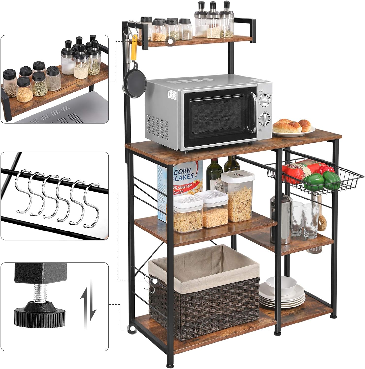 VASAGLE Baker’s Rack with Shelves, Kitchen Shelf with Wire Basket, 6 S-Hooks, Microwave Oven Stand, Utility Storage for Spices, Pots, and Pans, Rustic Brown and Black UKKS35X - Standing Baker's Racks