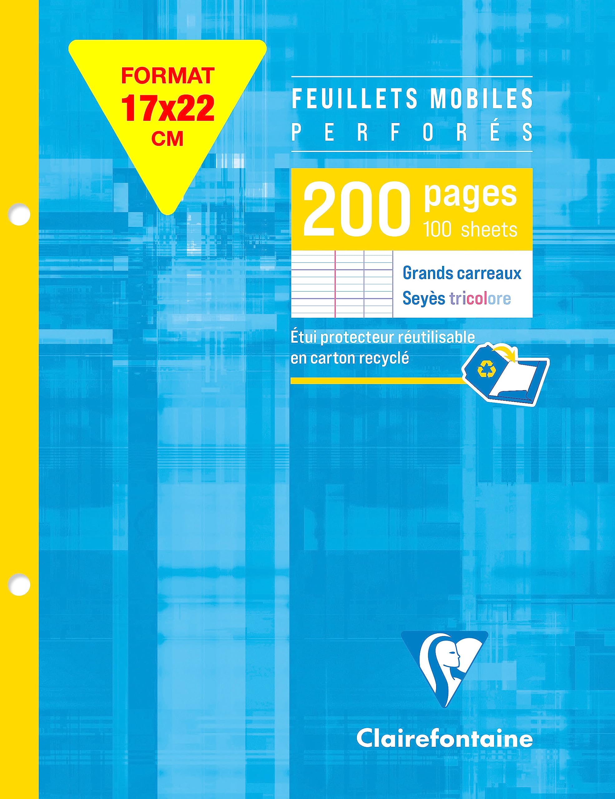 Clairefontaine 1351C - Perforated Single Sheets - 100 Sheets - Dimensions: 17 x 22 cm - 200 Seyes Ruled Pages - White Vellum Paper 90 g - Reusable Wallet