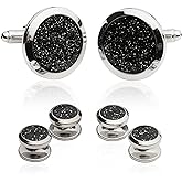 Cuff-Daddy Men's Black Diamond Dust Tuxedo Cuff Links and Studs Set with Presentation Jewelry Idea Box - 7/8" cufflinks, 3/8" studs - Business Attire Cufflinks & Shirt Accessories Special