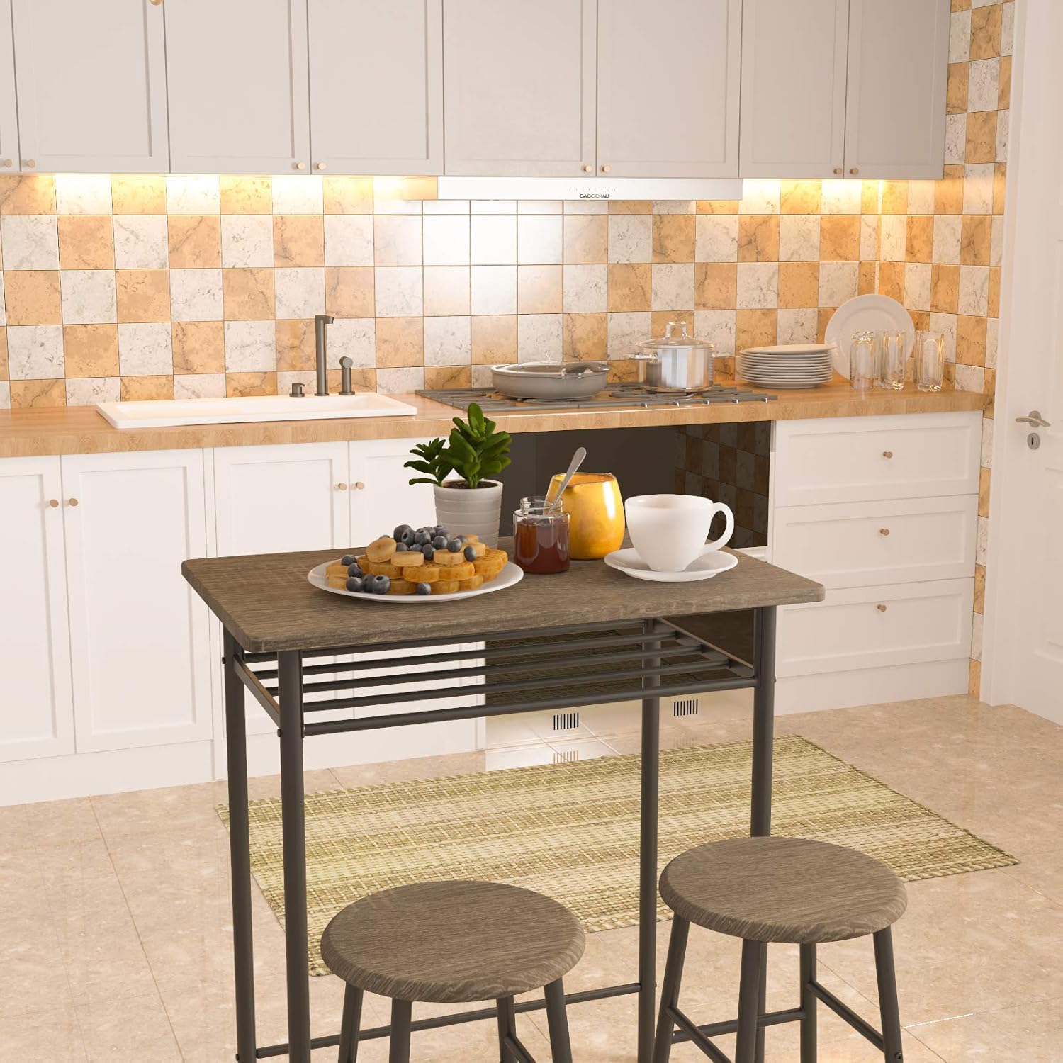 WeeHom 3 Pieces Bar Table Set, Modern Pub Table and Chairs Dining Set, Kitchen Counter Height Dining Table Set with 2 Bar Stools, Built in Storage Layer, Easy Assemble - Table & Chair Sets