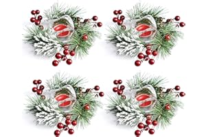 IWNTWY 4cs Christmas Candle Ring Wreaths, Artificial Red Berries Candle Rings for Pillars Candle Holder Christmas Table Centerpiece Decoration