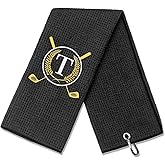 OXYEFEI Golf Towel Gift | Microfiber Waffle with Embroidered Monogrammed | 16”x 24” for Golf Bags with Clip for Men Accessories for Men (Initial-T)