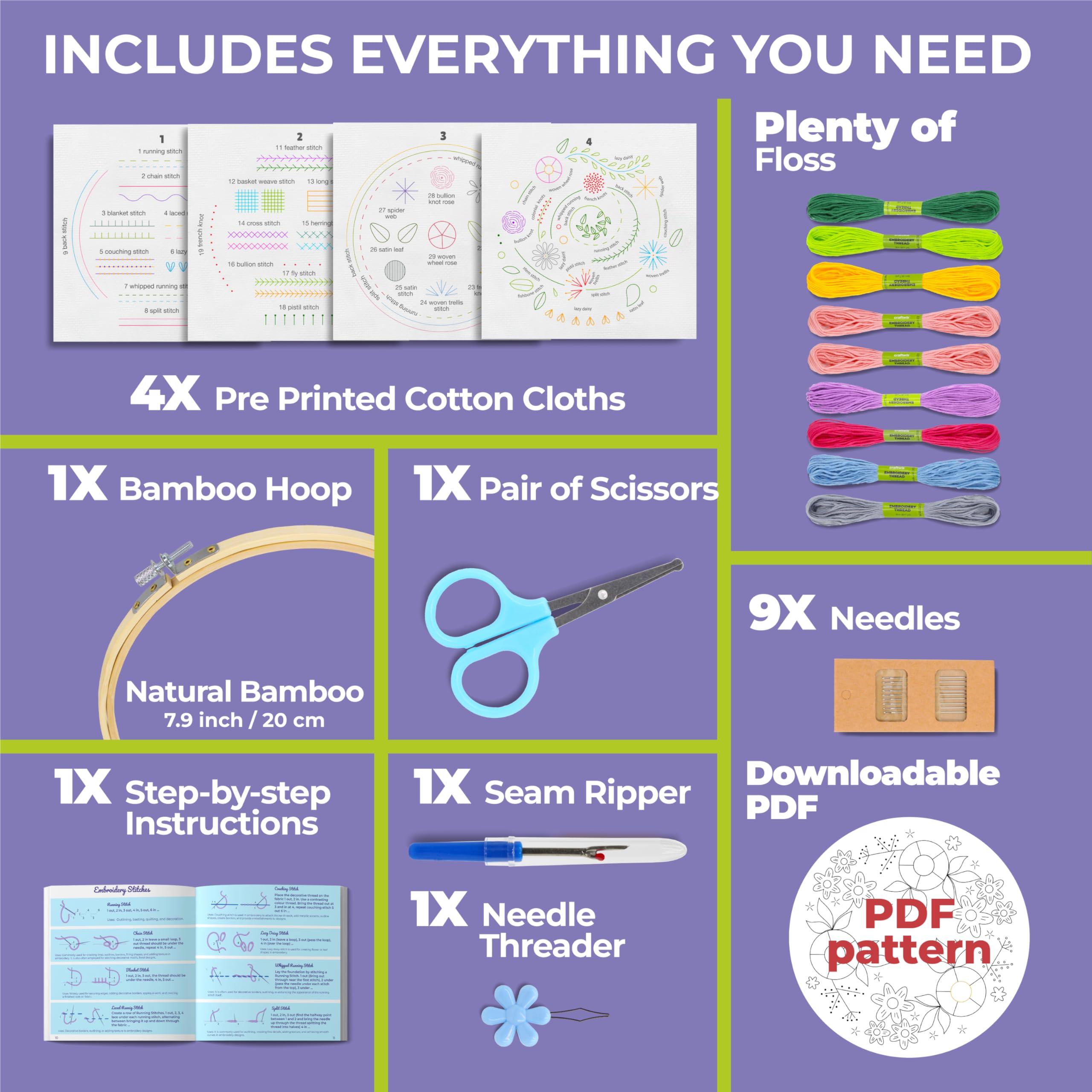 Craftwiz 4-Piece Starter Embroidery Kit for Beginners and Expert with Simple Patterns, Learn 29 Stitches with Hand Embroidery Kit