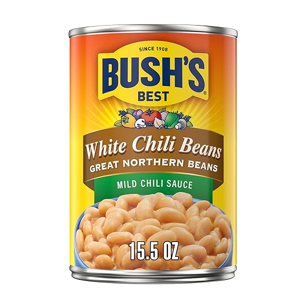 BUSH’S BEST CANNED WHITE CHILI BEANS, SOURCE OF PLANT BASED PROTEIN AND FIBER, LOW FAT, GLUTEN FREE, 15.5 OZ