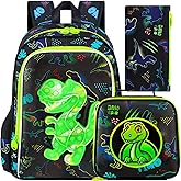 CCJPX 3PCS Dinosaur Backpack for Boys, 16”Kids Water Resistant Elementary Preschool Kindergarten School Bookbag with Lunch Box - Green