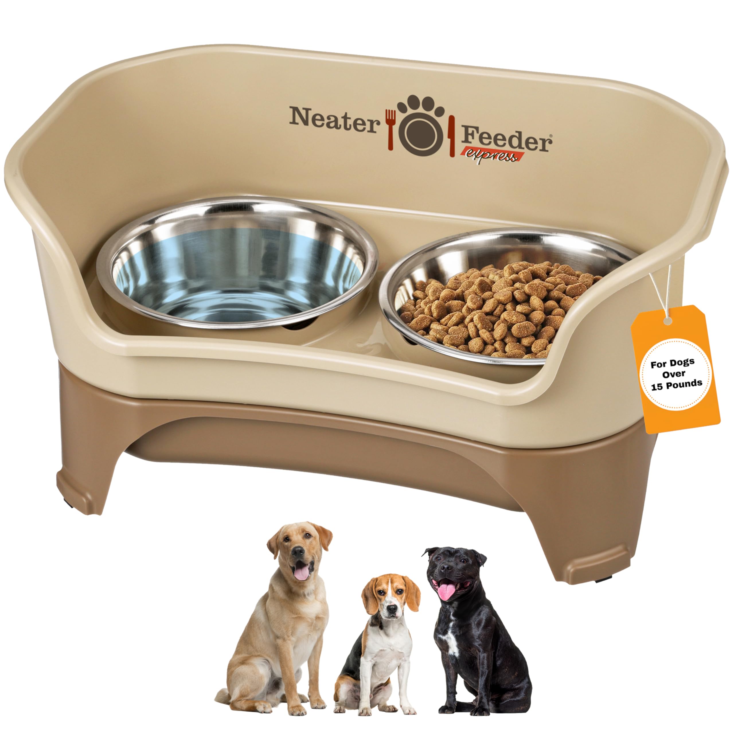 Neater Feeder Express Elevated Dog Bowls – Dog Bowls with Stand - Stainless Steel Food and Water Bowls – Raised Dog Bowl Set for Medium to Large Dogs, Cappuccino